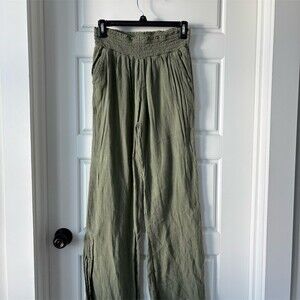 Aerie Pants Womens Size S Olive Green Smocked Waist Wide-Leg Pull-On